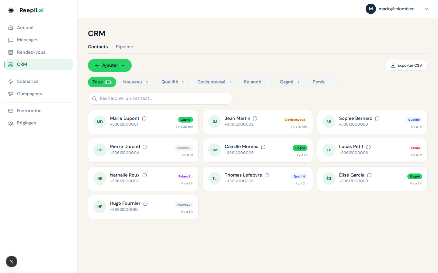 Page contacts avec bouton import