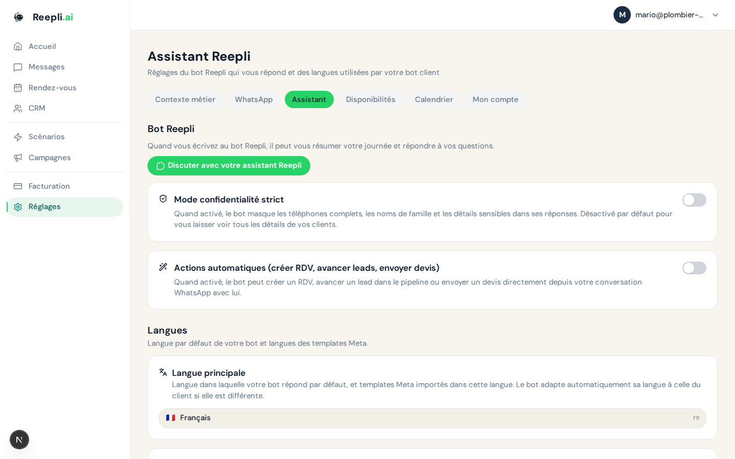 Réglages de l'assistant : règles, langues, actions