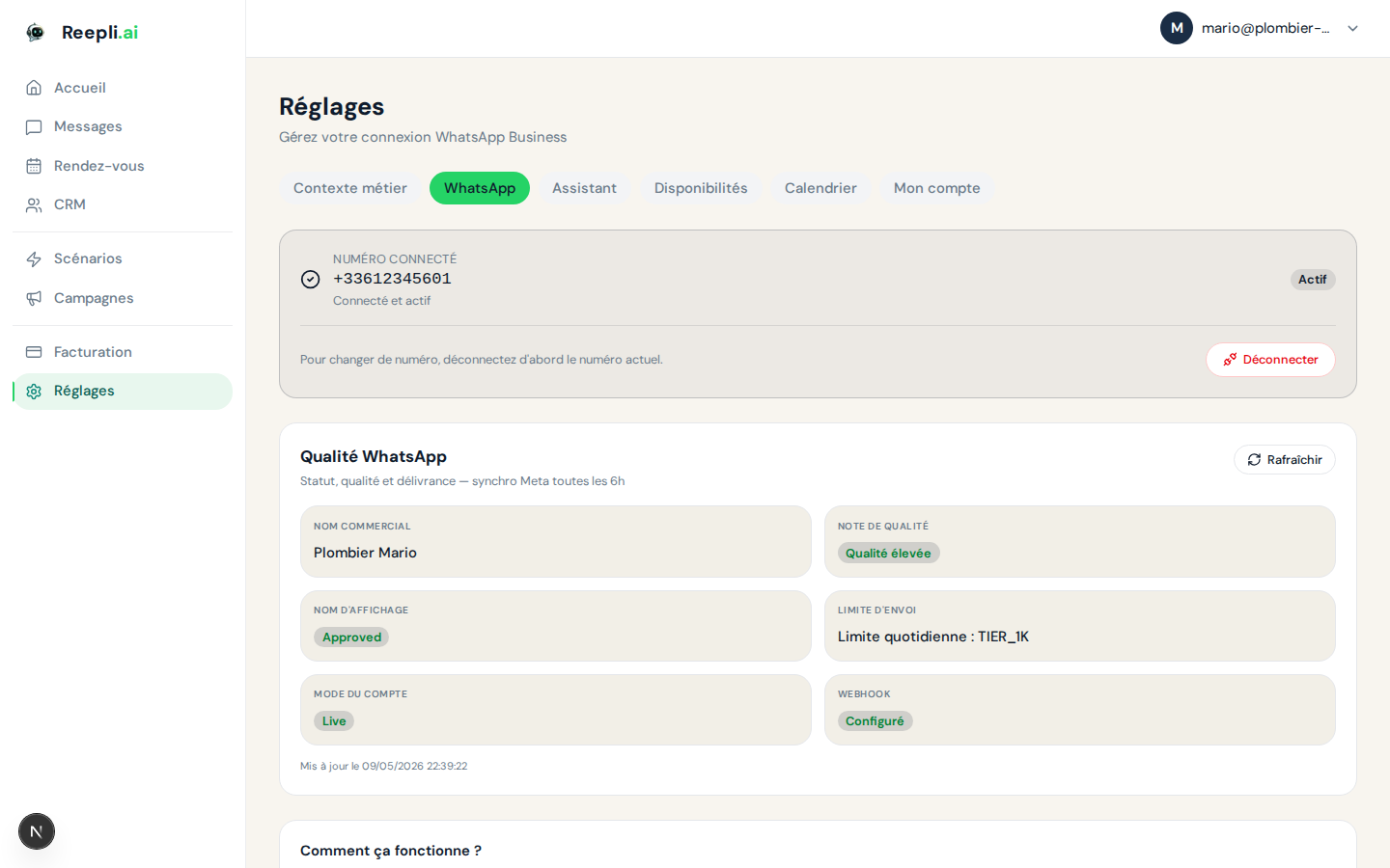Profil business WhatsApp dans Reepli